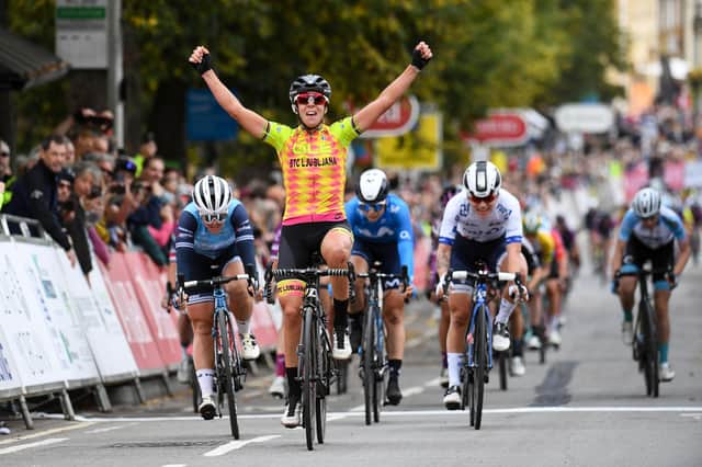 Marta Bastianelli celebrates winning stage one of the AJ Bell Women's Tour of Britain in Banbury in 2021