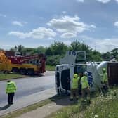 Multiple fire crews, including firefighters from Banbury tackled an incident on the M40 involving an overturned lorry this afternoon, Friday May 13.