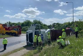Multiple fire crews, including firefighters from Banbury tackled an incident on the M40 involving an overturned lorry this afternoon, Friday May 13.
