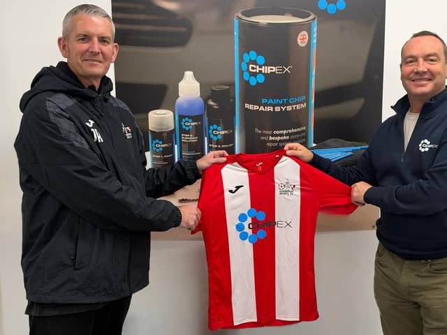 Easington U18 coach Jamie Rimmer (L) and Johnny Graham, Chipex CEO (R).