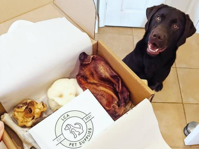 A happy customer with one of LCA's dog treat boxes.