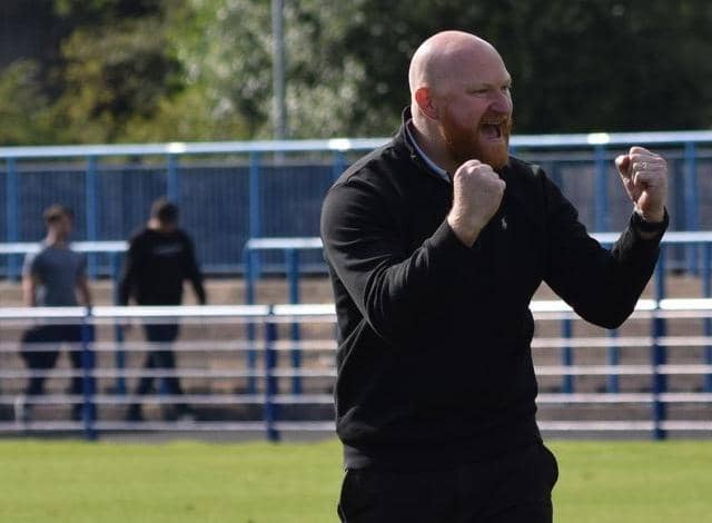 Andy Whing shows his delight after Banbury United kicked off life in the National League North with a 2-1 win at Curzon Ashton. Picture by Julie Hawkins