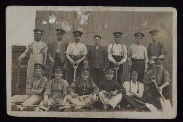 A group photograph taken when building POW Camp in Salonika 8th Bn (SOFO Museum).