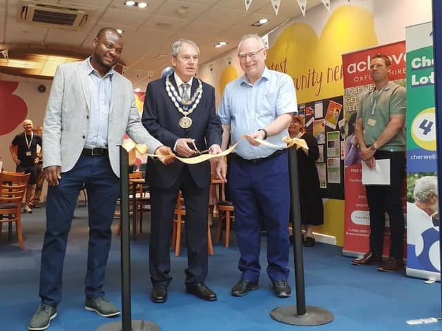 Cllr Dr Chukwudi Okeke, ward member for Banbury Cross and Neithrop; Cllr Les Sibley, chairman of Cherwell District Council; and Cllr Phil Chapman, portfolio holder for healthy communities at the official opening.