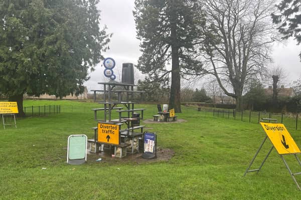 Pranksters in Brackley spent the night decorating a town park with bins, benches and signs from the high street.