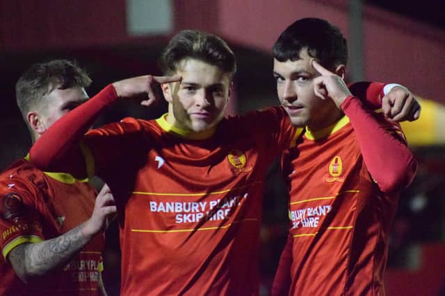 Banbury’s Jack Stevens and Henry Landers celebrating a goal this recently promoted season.