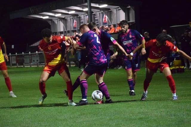 Action from Banbury United's goalless draw with Alfreton Town in the Vanarama National League North on Tuesday night. Picture by Julie Hawkins