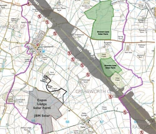 A map of the  'new energy' schemes. A third solar farm is located just off this map, to the south east