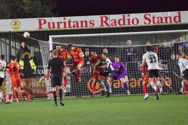 Goalmouth action from Banbury United's goalless draw with Darlington on Tuesday night. Picture by Julie Hawkins
