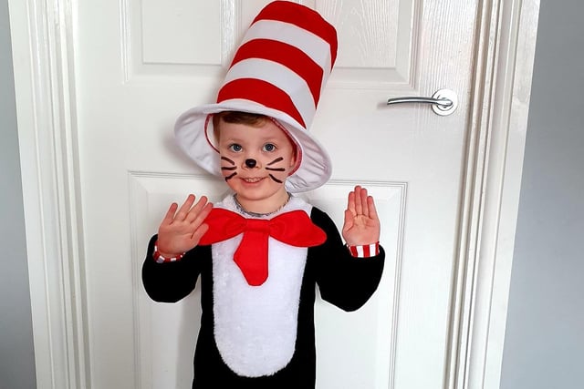 Young Ezra is lucky enough to have a Cat in the Hat costume but it's possible to do it yourself, too. Once again, the World Book Day website has a template to make big and small hats - just add some black clothes and a big red scarf or bow around the neck and draw a black nose and whiskers on your cat's face.
