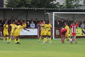 Banbury United celebrate one of their goals in the 4-1 win at Easington Sports. Picture courtesy of Banbury United FC