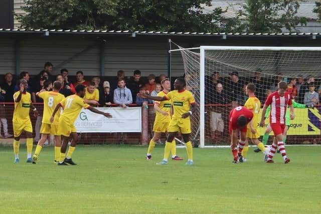 Banbury United celebrate one of their goals in the 4-1 win at Easington Sports. Picture courtesy of Banbury United FC