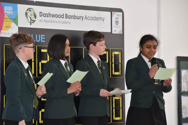 Year 6 pupils - Head and deputy head pupils doing their speeches - Alfie Davies, Keya Mistry, Kit Camilleri, Anokhee Kini (photo from Dashwood Academy)