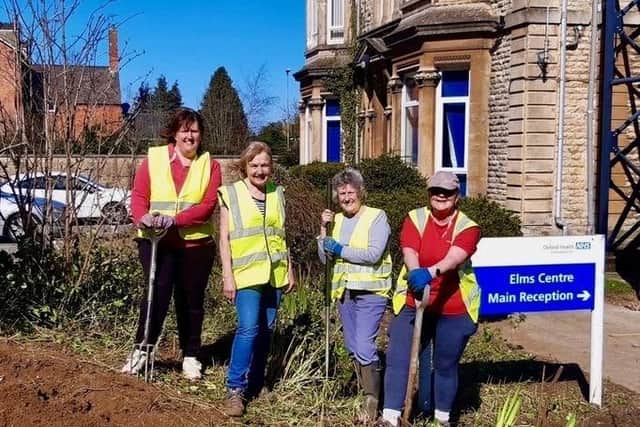 Rachel Taylor, Hilary Maggs, Rosemary Steel and Alison Castle during the garden make-over at The Elms