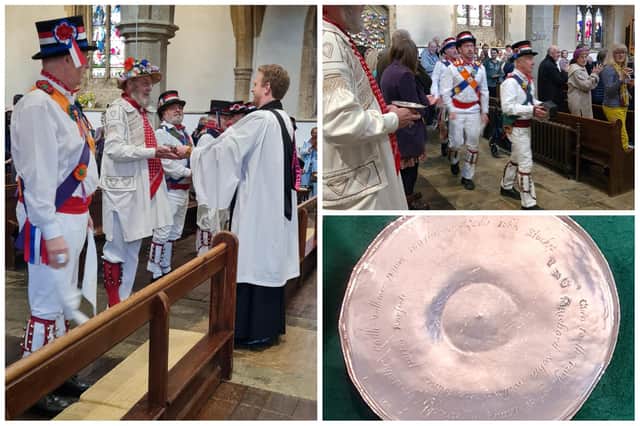 Brackley Morris Men handed over a 400-year-old silver communion plate to the Revd. Rich Duncan at St. Peter’s Church on St George's Day.