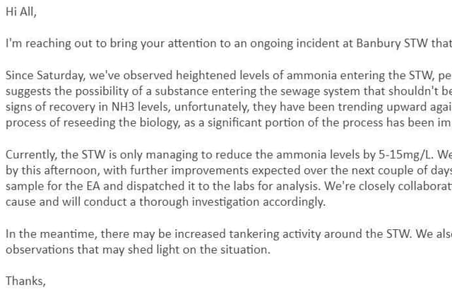 A Thames Water email alerting officials to the ammonia leak incident
