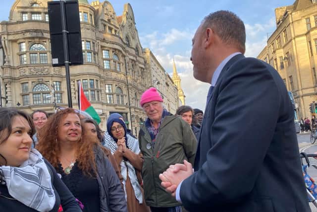 Dr Husam Zomlot speaks to supporters including the Chipping Norton delegation in Carfax following his speech at Oxford City Council