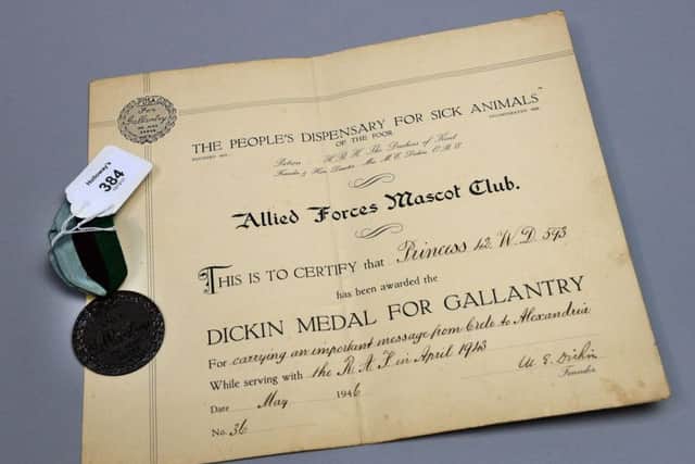 Holloway's of Banbury are selling a Dickin Medal and associated paperwork with photos, won by carrier pigeon, Princess, in WWII. NNL-171128-162041009