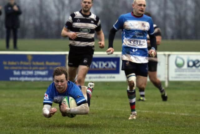Dan Brady flies over to score a try for Banbury Bulls against Stratford Upon Avon at the DCS Stadium