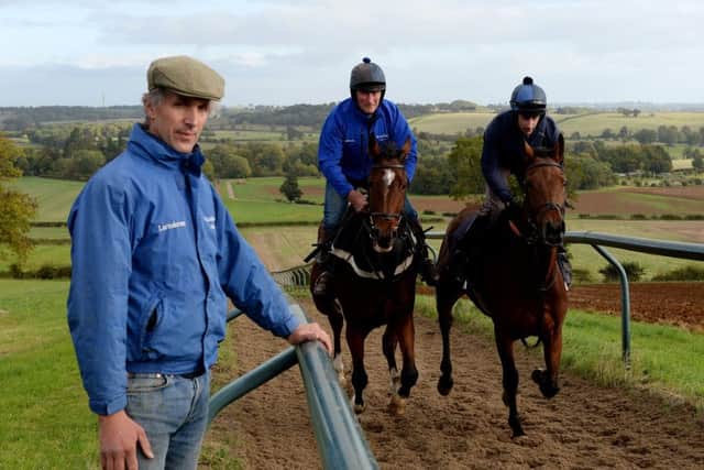 Edgcote trainer Alex Hales on the gallops with Doncaster winner Huntsman Son (Simon Gilmore) and Stepover (Ben Brackenbury)