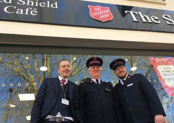 (L-R) Store manager Gareth Samuel, The Salvation Army divisional commander for central south Major Ray Brown, and Banbury Salvation Army minister Captain Xander Coleman NNL-180215-140007001