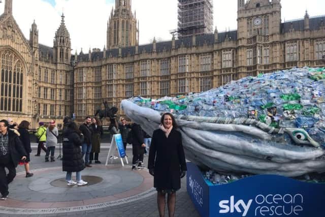 Victoria Prentis MP next to Sky Ocean Rescue's whale made of plastic, Plasticus, outside Parliament. Photo: Victoria Prentis