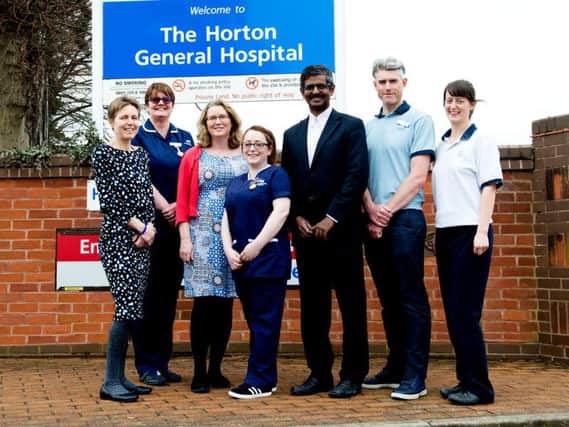 The Horton General Hospital hip fracture team. (L-R) Jillian Hewitt-Gray (consultant anaesthetist), Louise Garrett (ward manager), Angela Kannan (consultant orthogeriatrician), Charlotte Woodward (emergency department dister), Sam Anand (consultant trauma surgeon), Luke Souter (physiotherapy assistant) and Hannah Perkins (trauma specialist physiotherapist)