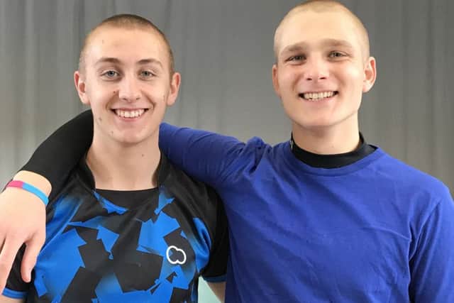 Dan Harbron, Ben Hohorst and Ajay Witherford of Sibford School had their heads shaved for the Oddballs Foundation, which raises awareness of testicular cancer. Ajay, left, and Ben, right. NNL-180304-160615001