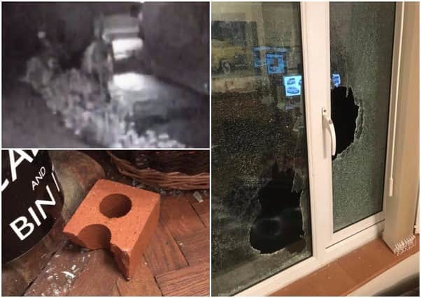 Top left: A CCTV image of the hoddied person throwing a brick through a window in Chipping Norton. Bottom left: One of the bricks which came through the glass and hit Samatha Stonehouse. Right: The shattered glass door of Samantha's home NNL-180304-172141001