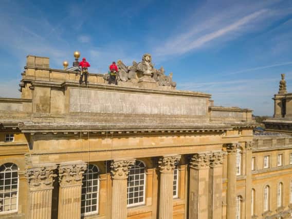 Rope access technician Tom Brennan came face to face with the 30-tonne marble bust of King Louis XIV, looted by the Duke of Marlborough in 1709, during an exterior inspection of Blenheim Palace.