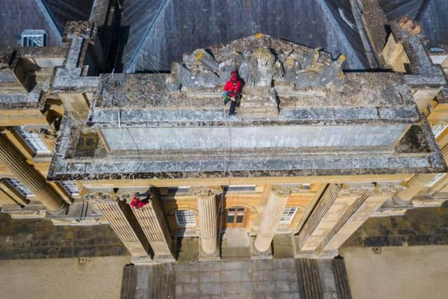 Rope access technician Tom Brennan came face to face with the 30-tonne marble bust of King Louis XIV, looted by the Duke of Marlborough in 1709, during an exterior inspection of Blenheim Palace.