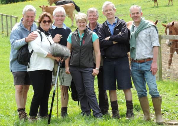 (L-R) Barry Gamble, Ramblings producer Lucy Lunt, the late Tim Cherry, Clare Balding, Robert Aplin, Jonathan Williams and Charlie Bates on their Edgehill walk in 2015 NNL-180420-154149001