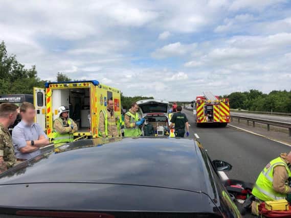 Emergency services at the crash on the M40 this afternoon (Friday, June 8). Photo: Bicester Fire Station/Twitter