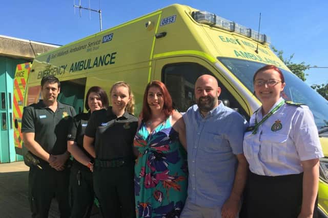 (L-R) Clinical operations manager Danny Hone, emergency care assistant Louise Capell, paramedic Sophie Hudson, Charlotte Pickwick, Stuart Pickwick and emergency call taker Claire Smalley outside Brackley Ambulance Station