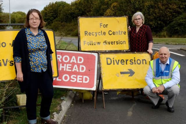 A422 closure petition at Banbury Road, Brackley. From the left, Kate Nash, Cllr. Sue Sharps and Mark Morrell, 'Mr. Pothole'. NNL-180918-150222009