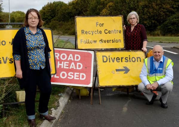 A422 closure petition at Banbury Road, Brackley. From the left, Kate Nash, Cllr. Sue Sharps and Mark Morrell, 'Mr. Pothole'. NNL-180918-150222009