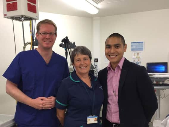 The Oxfordshire bowel cancer screening programme management team. (L-R) Clinical director Professor James East, lead specialist screening practitioner Sue Williams and programme manager Terry Tran-Nguyen. Photo: Oxford University Hospitals NHS Foundation Trust