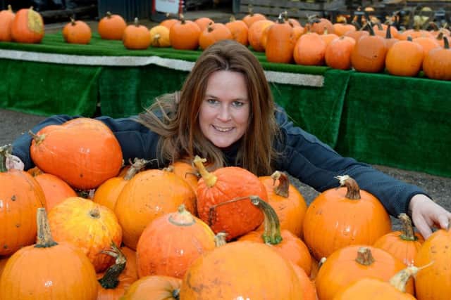 Karen Prior of Bodicote Flyover Farm Shop with the 2018 stock of Halloween pumpkins NNL-181016-095543009