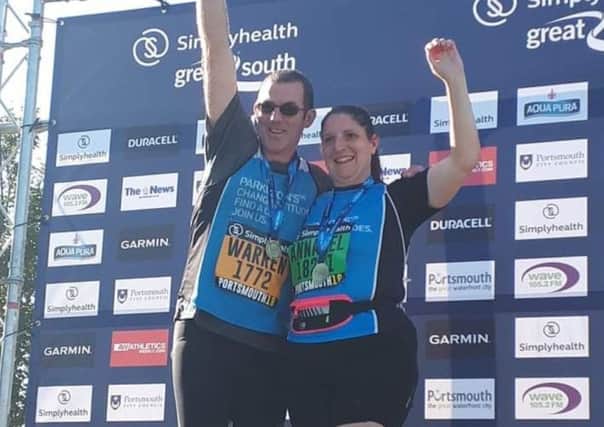 Warren and Annabel Harrison after completing the Great South Run for Parkinsons UK NNL-181023-154905001