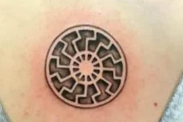 Claudia Patatas' tattoo - a 'black sun' used by the SS in Nazi Germany. Photo: SWNS.com