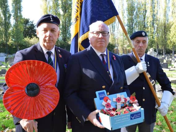 (L-R) Chris Smithson, Kieron Mallon and Don Claridge launch Banbury's 2018 Poppy Appeal at Southam Road Cemetery. Photo: Banbury Town Council