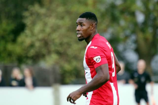Lee Ndlovu was on target for Brackley Town at Stockport County