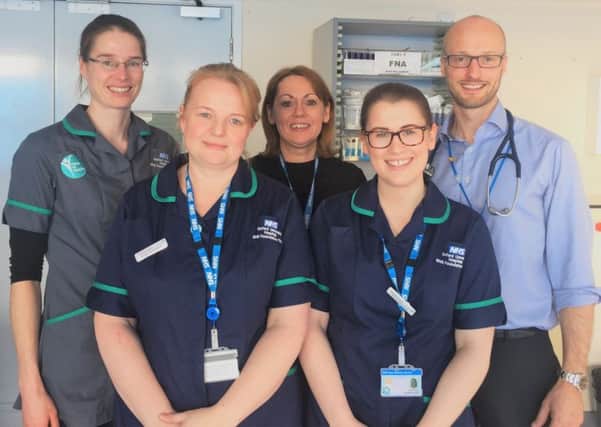 (L-R) Emma Hagues from the Here for Health team, alcohol liaison nurse Victoria Reeves, lead research nurse for gastro and hepatology Denise ODonnell, alcohol liaison nurse Michelle Leyton, and consultant hepatologist Jeremy Cobbold. Photo: OUH