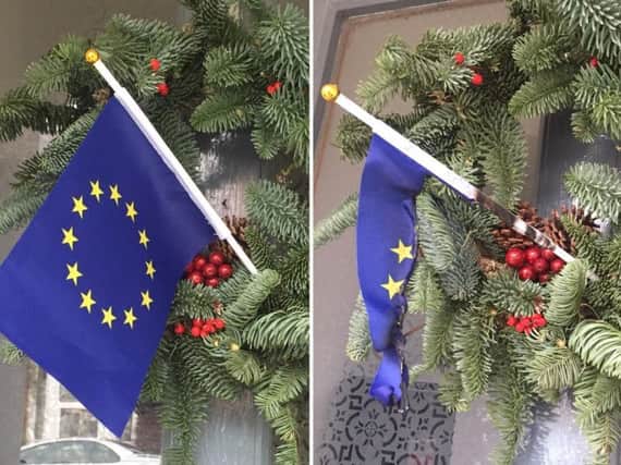 Tahani Barakat's EU flag in the wreath on her front door was torched
