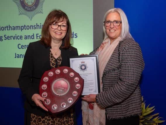 Katrina Heath (left) is presented with Deborah Jeans Leadership Award. Photo: Northamptonshire Police