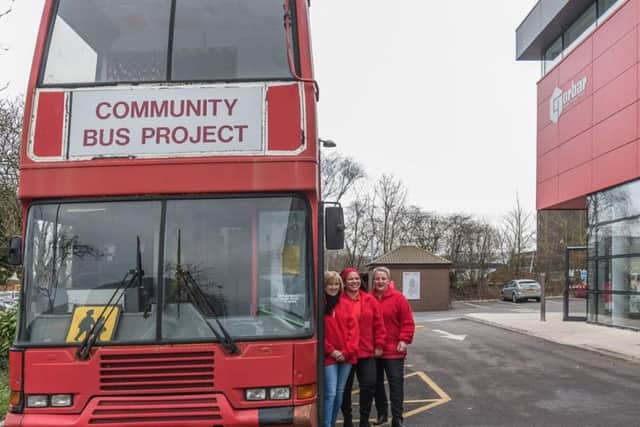Three of the Play Bus team outside Norbar where they held a 'thank you' event for donor. Photo by Steve Gold