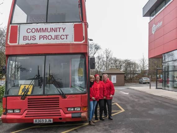 Three of the Play Bus team outside Norbar where they held a 'thank you' event for donor. Photo by Steve Gold