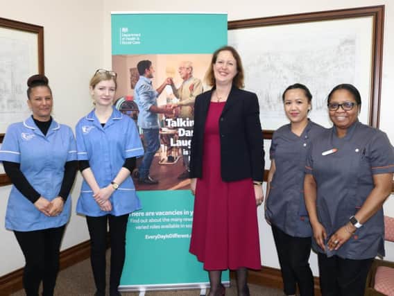 Banbury MP Victoria Prentis with social care workers at the launch of the national campaign