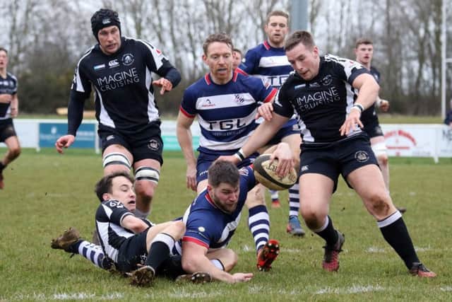 Jack Briggs scores the opening try for Banbury Bulls against Royal Wootton Bassett at the DSC Stadium. Photo: Steve Prouse