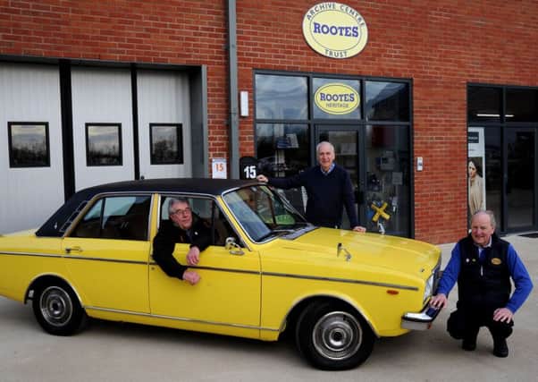 Rootes Archive Trust, Wroxton. From the left, Trustees, Nick Harrison, Andy Bye and James Spencer, with a 1976 Humber Sceptre. NNL-191202-164813009